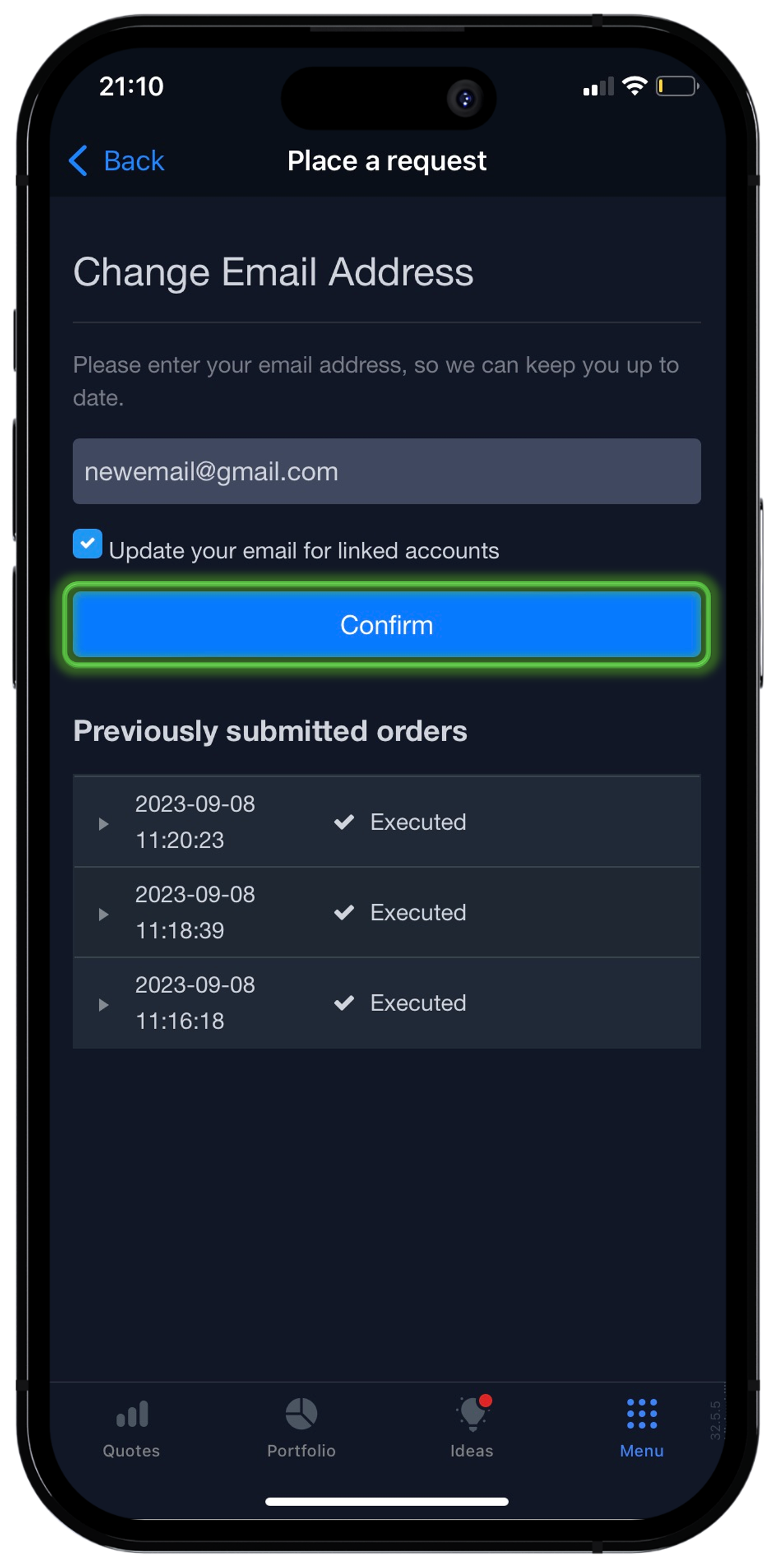 Enter new email address → Confirm