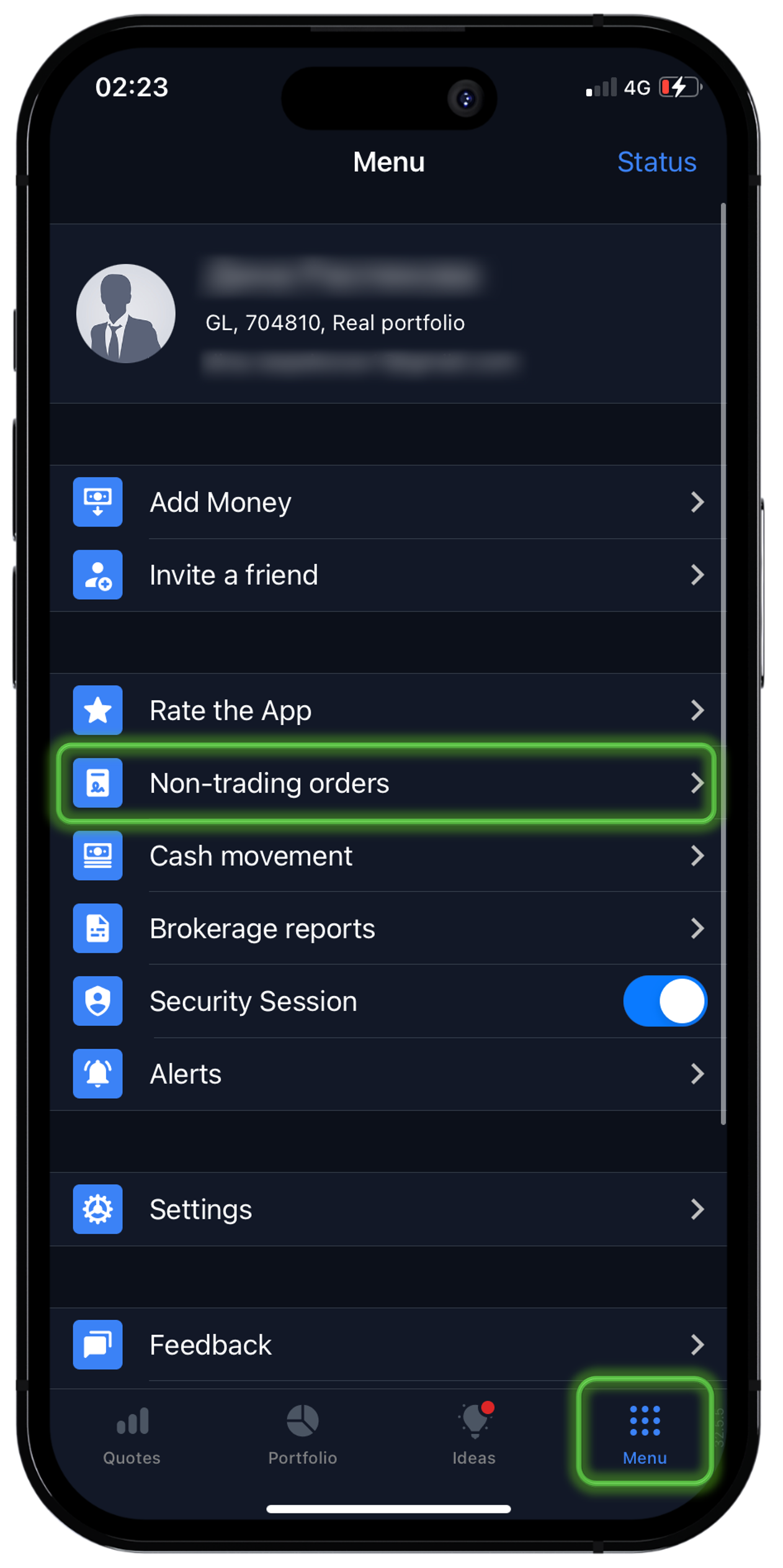 Menu → Non-trading orders