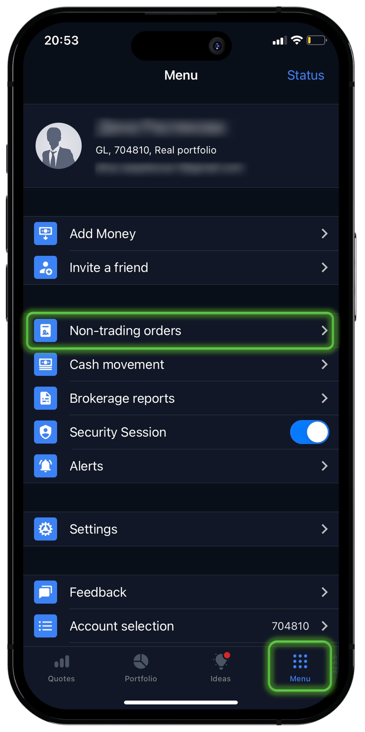 Menu → Non-trading orders