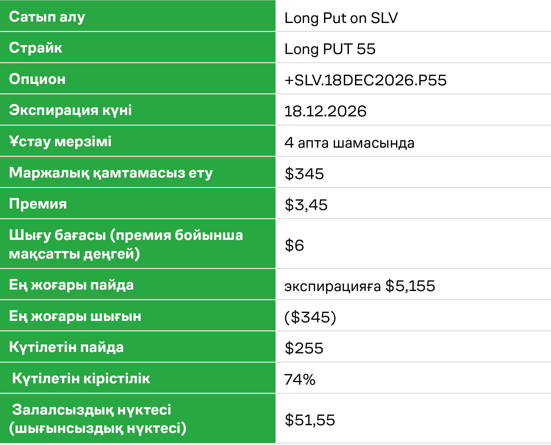 LONG PUT ON SLV